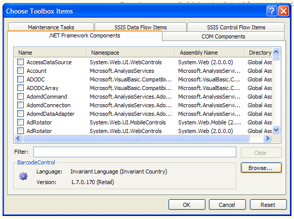 sql server browse choose toolbox items